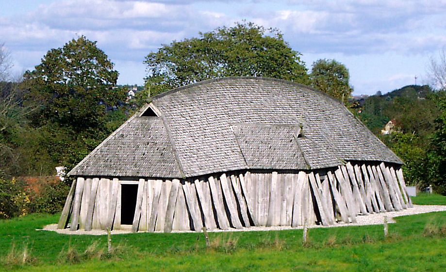 Reconstruction of a Viking house from the ring castle Fyrkat near Hobro, Denmark