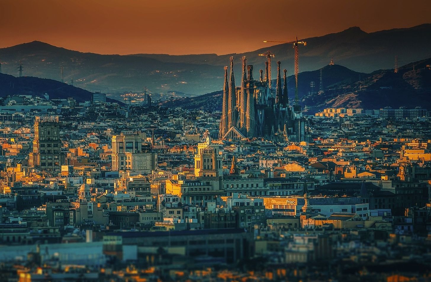 Sunset over the Sagrada Familia in Barcelona, Spain